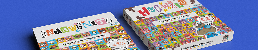 Two game box fronts for games called Indawgnito and Hog-Wild