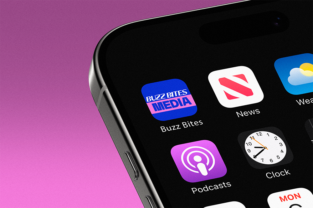 Phone with the Buzz Bites app on the home screen