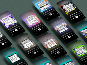 Each Sudoku Music track's individual artwork displayed as in a phone's music app on floating screens