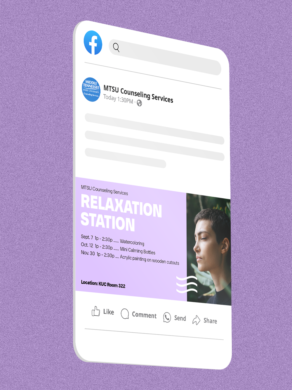 Render of social media post with Relaxation Station information