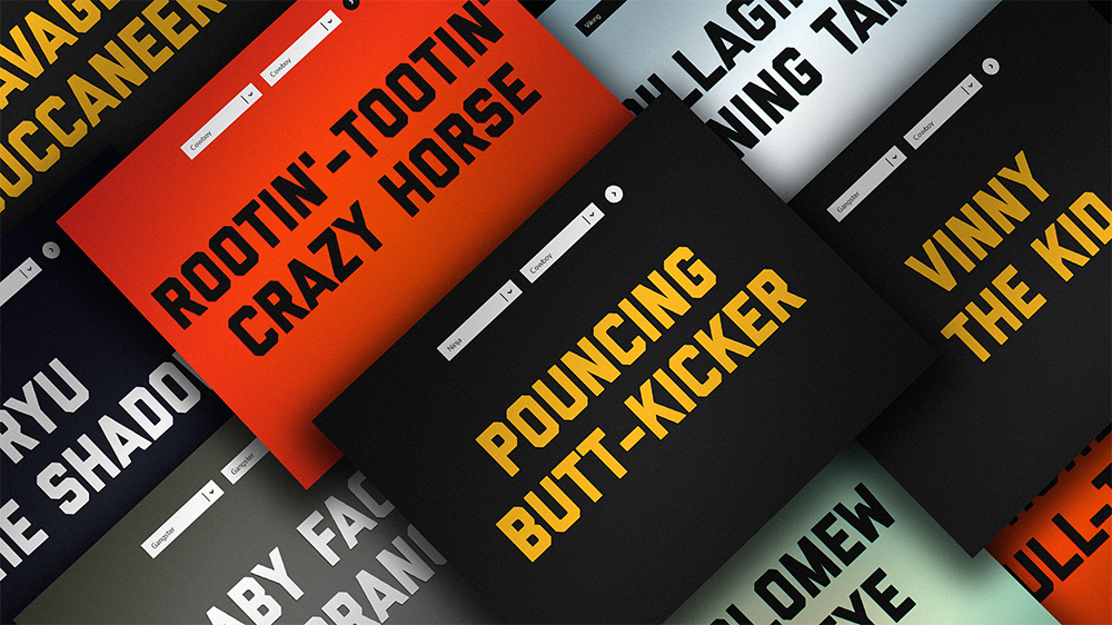 Various results of the ridiculous heroes name generator, shown as floating screens